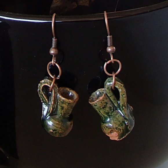 Terracotta Mexico Pottery OoaK Earrings Mini Glazed Handmade Copper Wires Rings - Picture 10 of 14